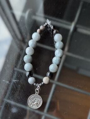 Capricorn Charm Gray Agate ,Silver Obsidian, Jasper, Hematite Gemstone Bracelet